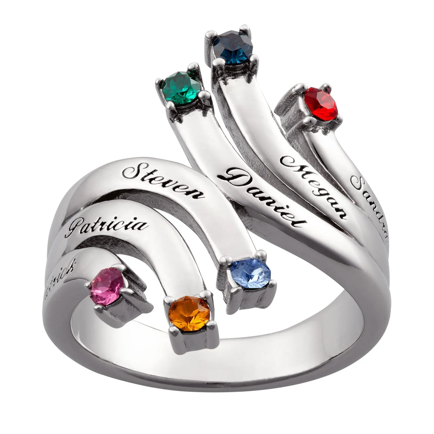 Sterling Silver Personalized Cascading Name & Birthstone Ring sold by Limoges Jewelry
