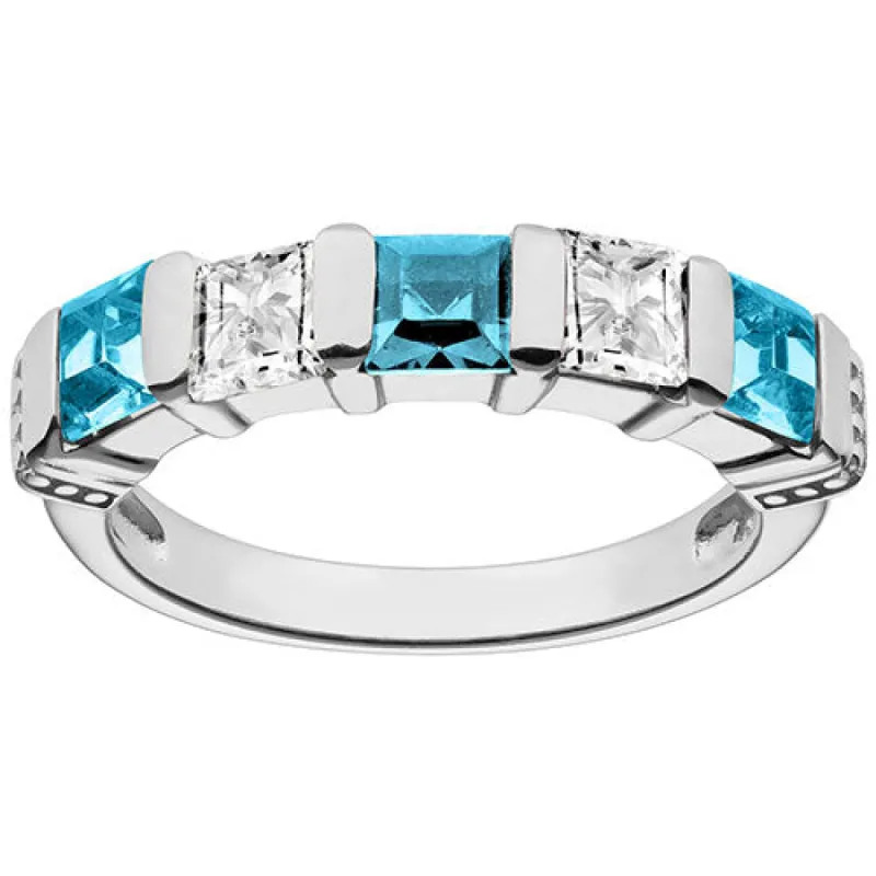 Silver Plated Simulated Blue Topaz and Clear Crystal 5 Stone Ring sold by Limoges Jewelry