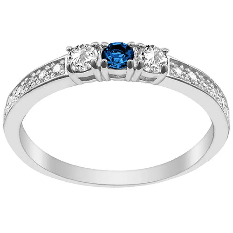 Silver Plated Simulated Sapphire and Clear Crystal 3-Stone Ring sold by Limoges Jewelry