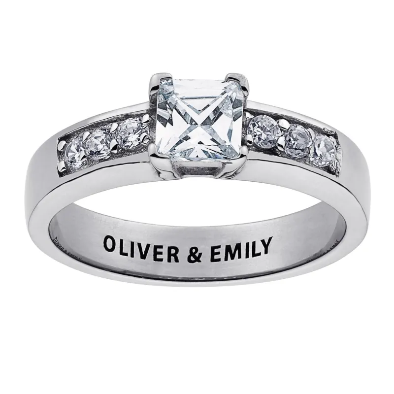 Sterling Silver Square CZ Engraved Wedding Ring sold by Limoges Jewelry