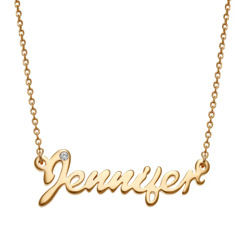 14K Gold over Sterling Petite Silver Script Name with CZ Necklace sold by Limoges Jewelry