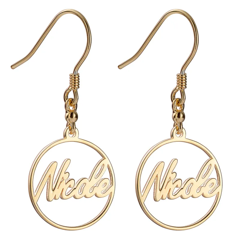 14K Gold over Sterling Script Name Open Circle Dangle Earrings sold by Limoges Jewelry