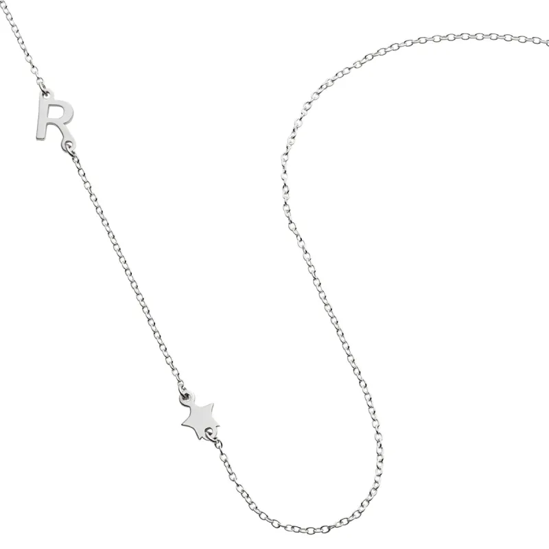 Sterling Silver Asymmetrical Initial with Star Necklace sold by Limoges Jewelry
