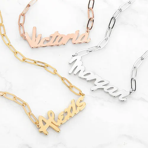 Plated Bold Script Name Paperclip Chain Necklace sold by Limoges Jewelry