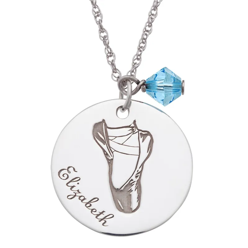 Sterling Silver Ballet Slippers Engravable Name and Birthstone Pendant sold by Limoges Jewelry