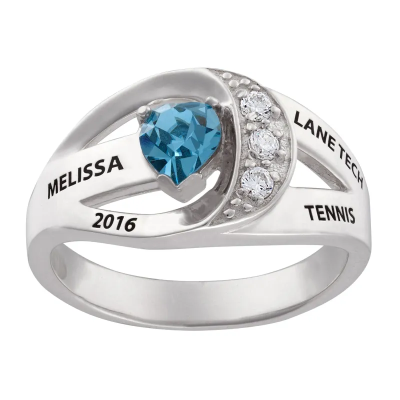 10K White Gold Freestyle Heart Birthstone Class Ring with CZ's sold by Limoges Jewelry