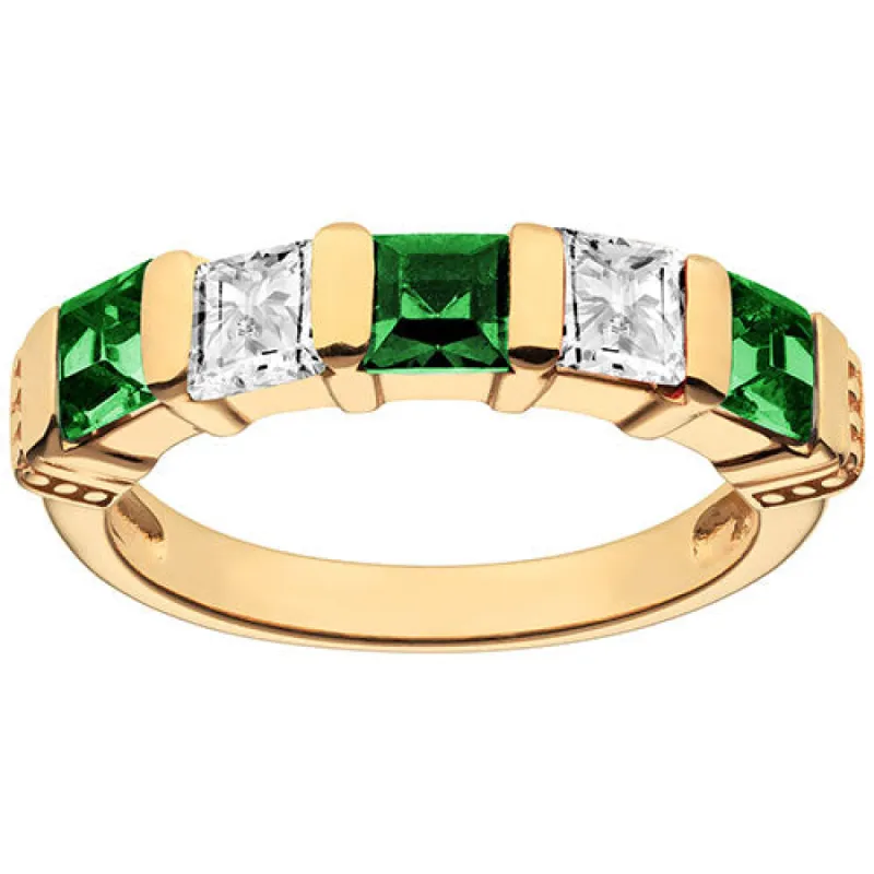 14K Gold Plated Simulated Emerald and Clear Crystal 5 Stone Ring sold by Limoges Jewelry