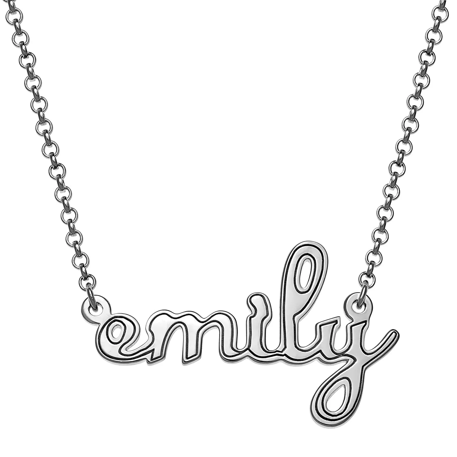 Sterling Silver Lowercase Script Name with Outline Necklace sold by Limoges Jewelry