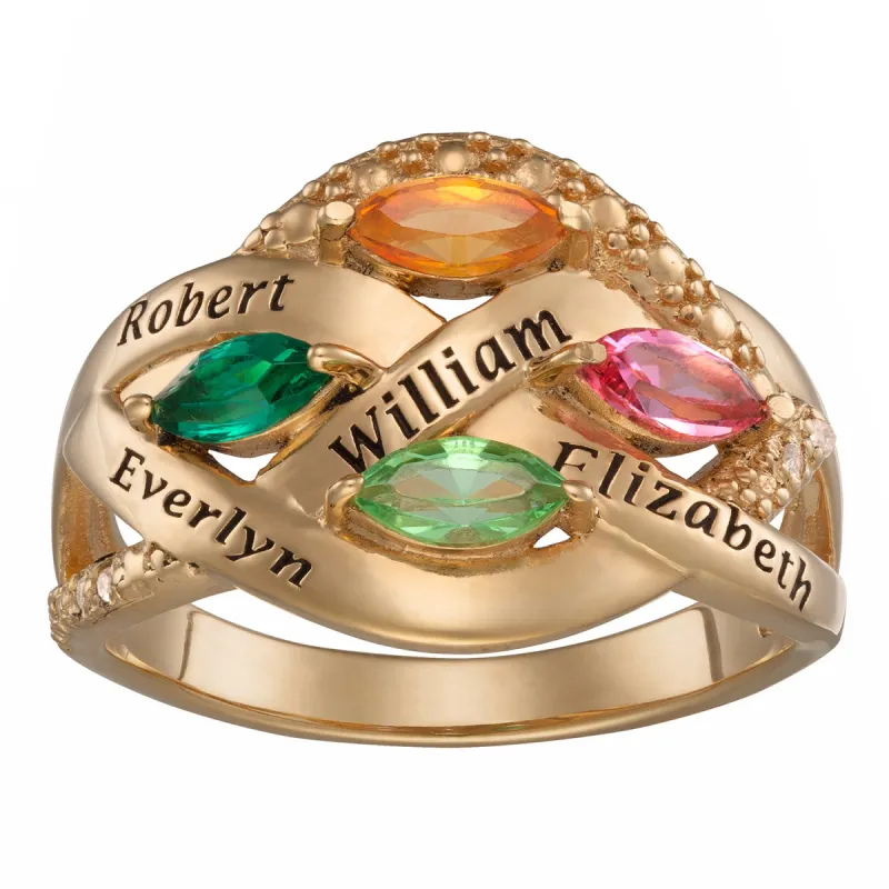 14K Gold over Sterling Family Name and Marquise Birthstone Ring with Diamond Accent sold by Limoges Jewelry