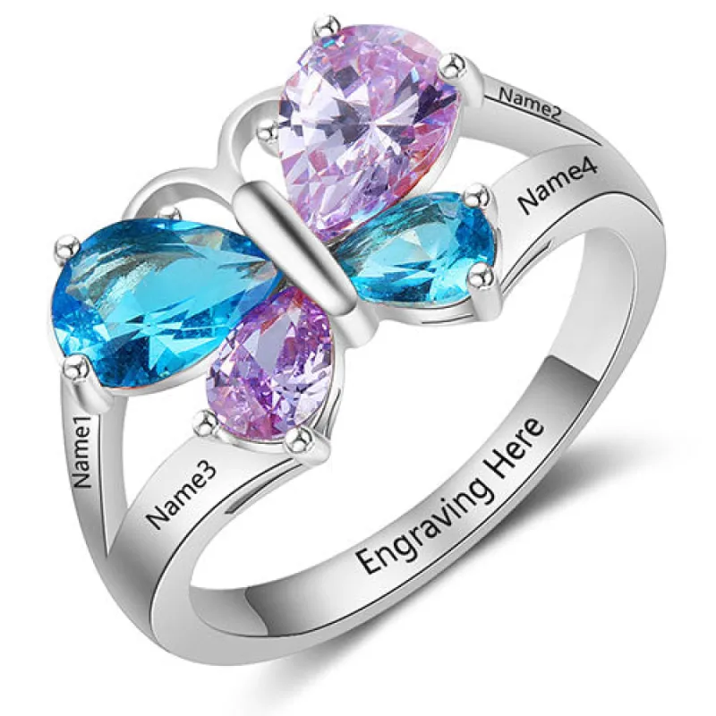 Sterling Silver Teardop Birthstone Butterfly Family Name Ring sold by Limoges Jewelry