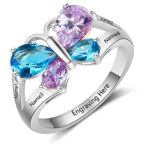 Sterling Silver Teardop Birthstone Butterfly Family Name Ring sold by Limoges Jewelry