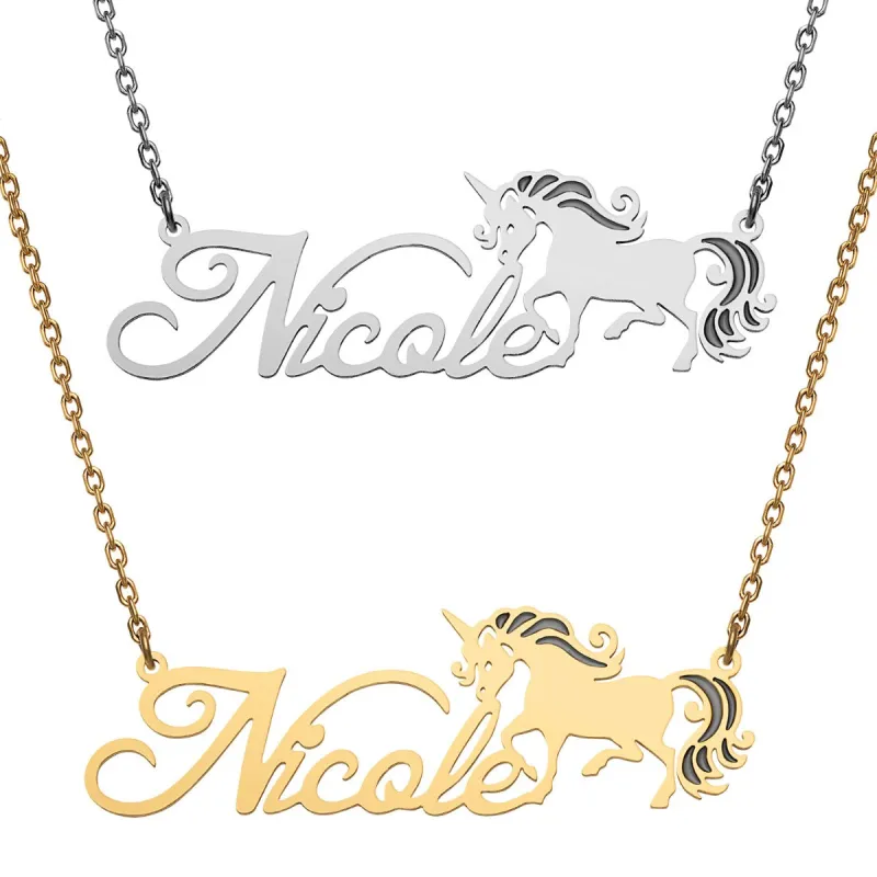 Stainless Steel Fancy Script Name with Unicorn Necklace sold by Limoges Jewelry
