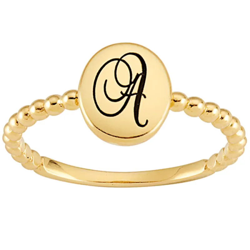 14K Gold over Sterling Engraved Script Initial Beaded Ring sold by Limoges Jewelry