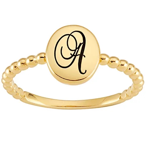 14K Gold over Sterling Engraved Script Initial Beaded Ring sold by Limoges Jewelry