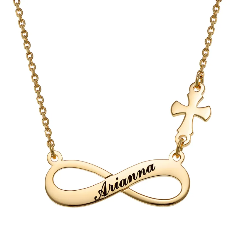 14K Gold over Sterling Engraved Name Infinity with Cross Necklace sold by Limoges Jewelry