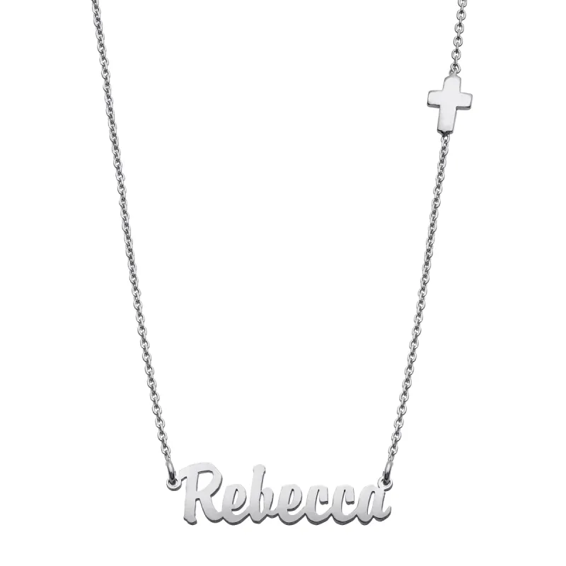 Sterling Silver Mini Name Pendant on 16+2" Cross Chain Necklace sold by Limoges Jewelry