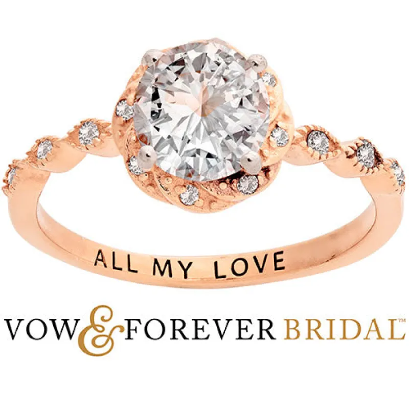 14K Rose Gold over Sterling White Topaz with Halo Diamond Accent Engraved Engagement Ring sold by Limoges Jewelry
