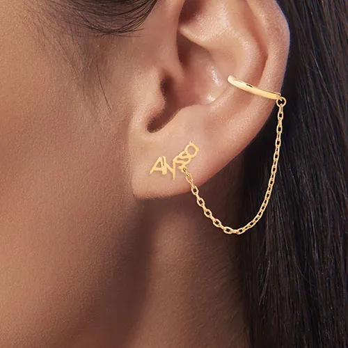 Silver Plated Personalized Name Crawler Button with Ear Cuff and Chain Earring sold by Limoges Jewelry product image thumbnail 4