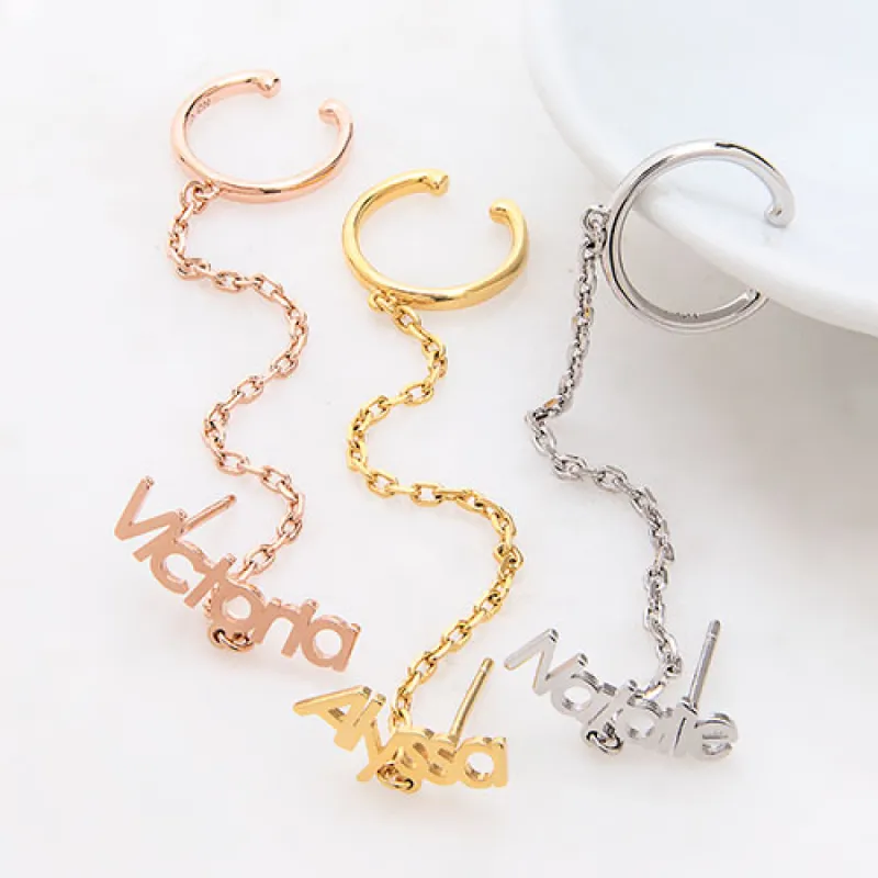 Silver Plated Personalized Name Crawler Button with Ear Cuff and Chain Earring sold by Limoges Jewelry