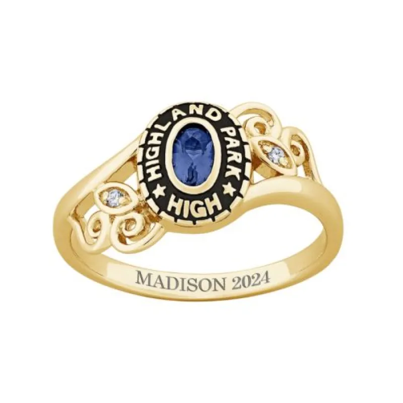 Ladies Gold CELEBRIUM Traditional Oval Birthstone and Diamond Swirl Class Ring sold by Limoges Jewelry