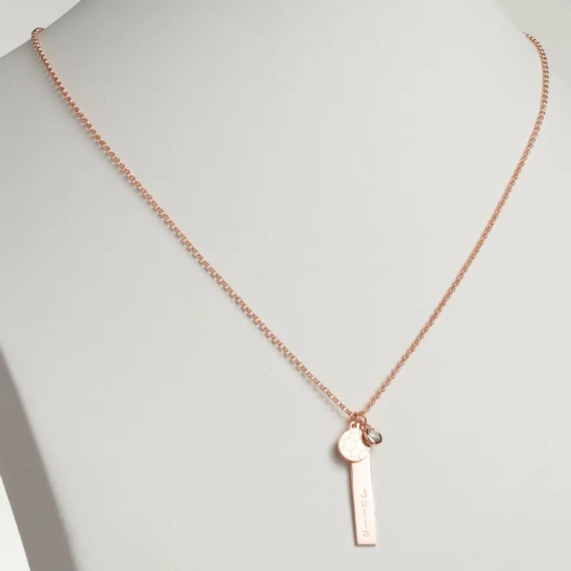 14K Rose Gold Plated Name Necklace with Soccer Ball Charm and Birthstone Dangle sold by Limoges Jewelry