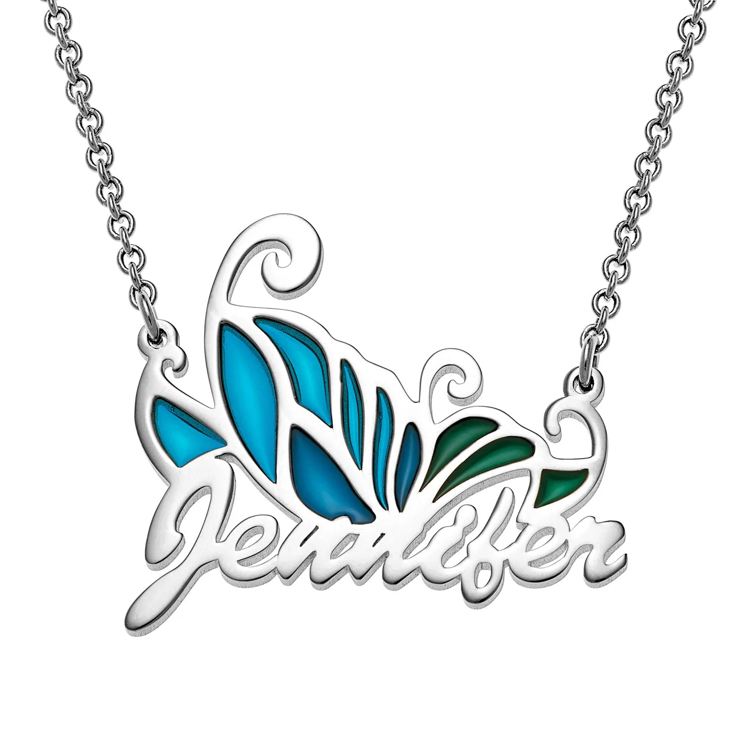Petite Script Name Necklace with Multicolor Blue Enamel Butterfly sold by Limoges Jewelry