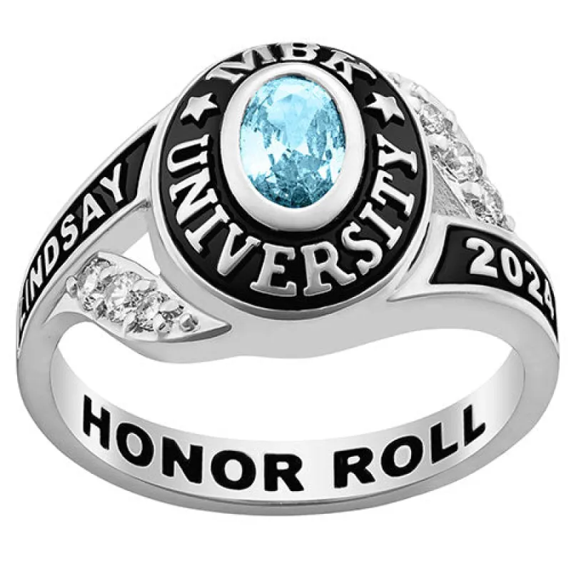 Ladies Class Ring in Platinum Plated Celebrium With CZ sold by Limoges Jewelry
