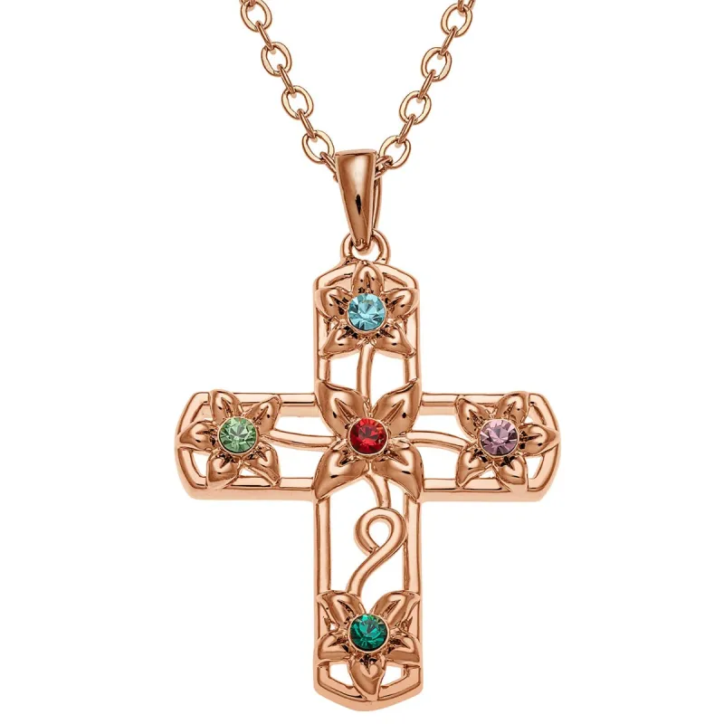 14K Rose Gold Plated Flower Cross Birthstone Pendant sold by Limoges Jewelry
