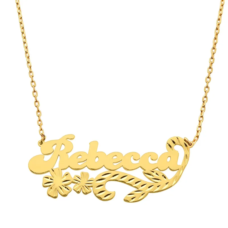 Fancy Bold Script Name Necklace with Diamond Cut Floral Swirl sold by Limoges Jewelry