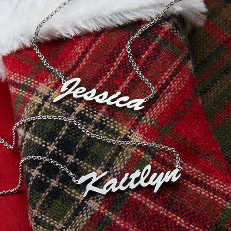 Sterling Silver Hollywood Script Name Pendant with Free Mini Stocking sold by Limoges Jewelry