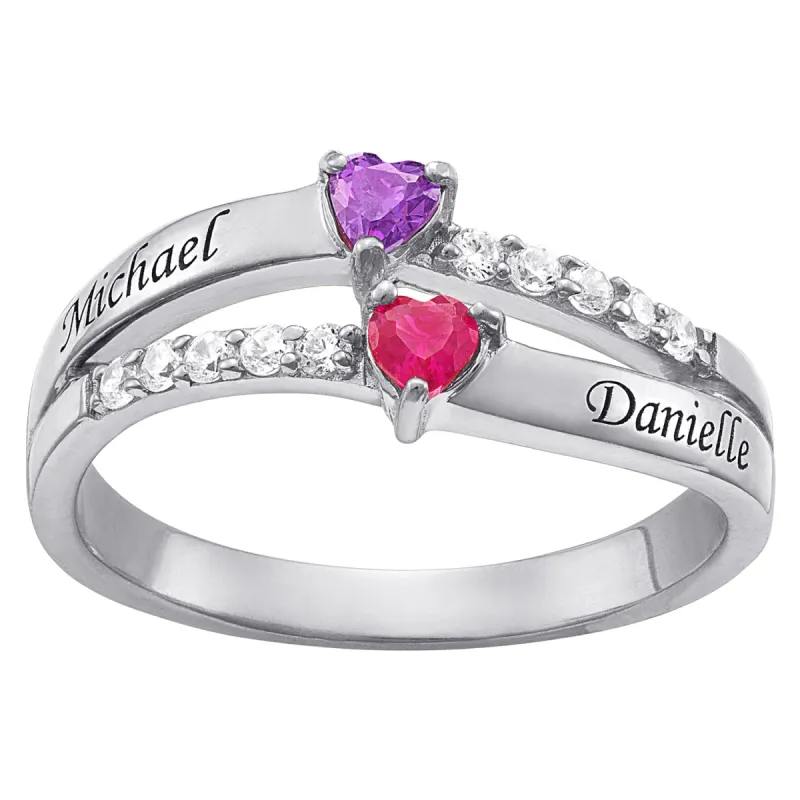 Sterling Silver Couple's Engraved Heart Birthstone and CZ Ring sold by Limoges Jewelry