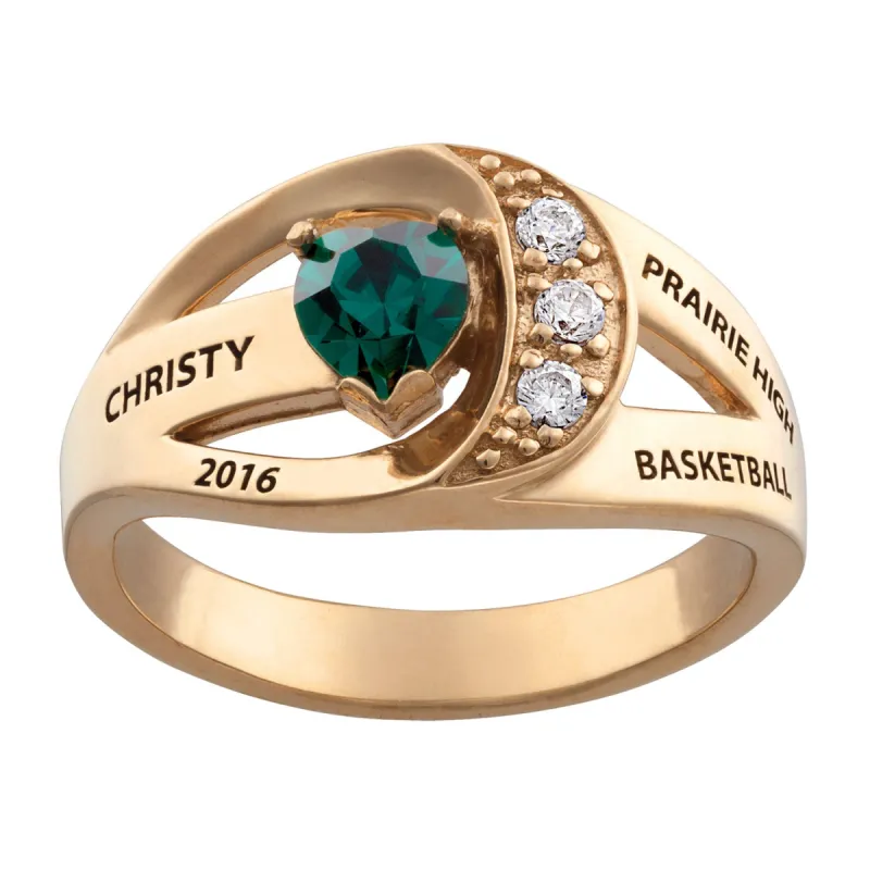 10K Yellow Gold Freestyle Heart Birthstone Class Ring with CZ's sold by Limoges Jewelry