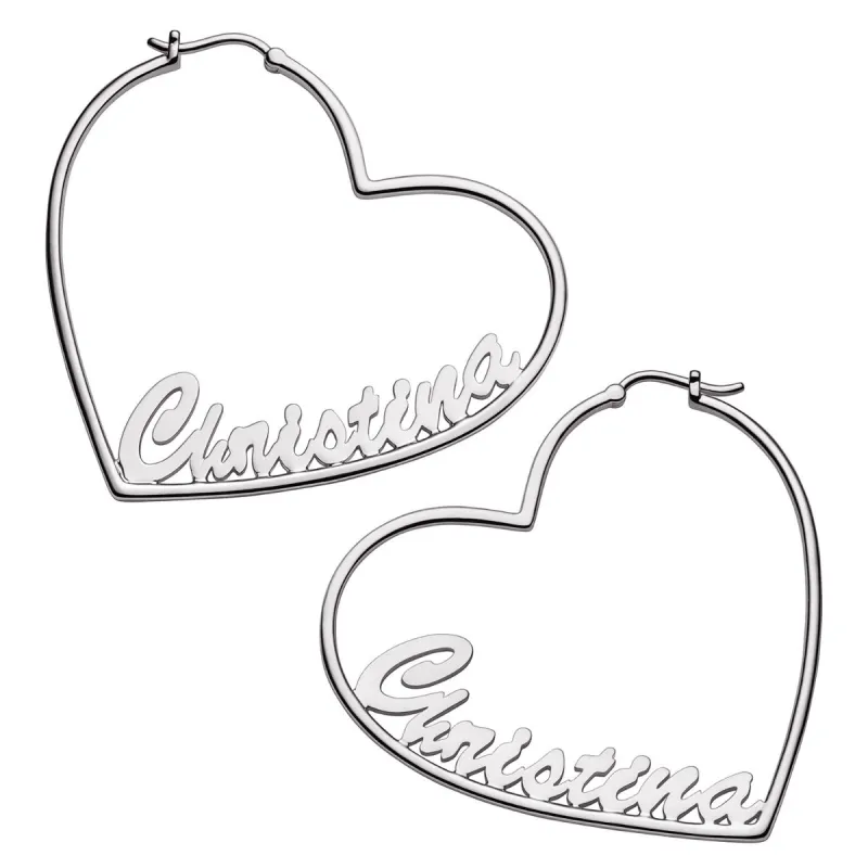 Silver Plated Personalized Script Nameplate Medium Heart Hoop Earrings sold by Limoges Jewelry