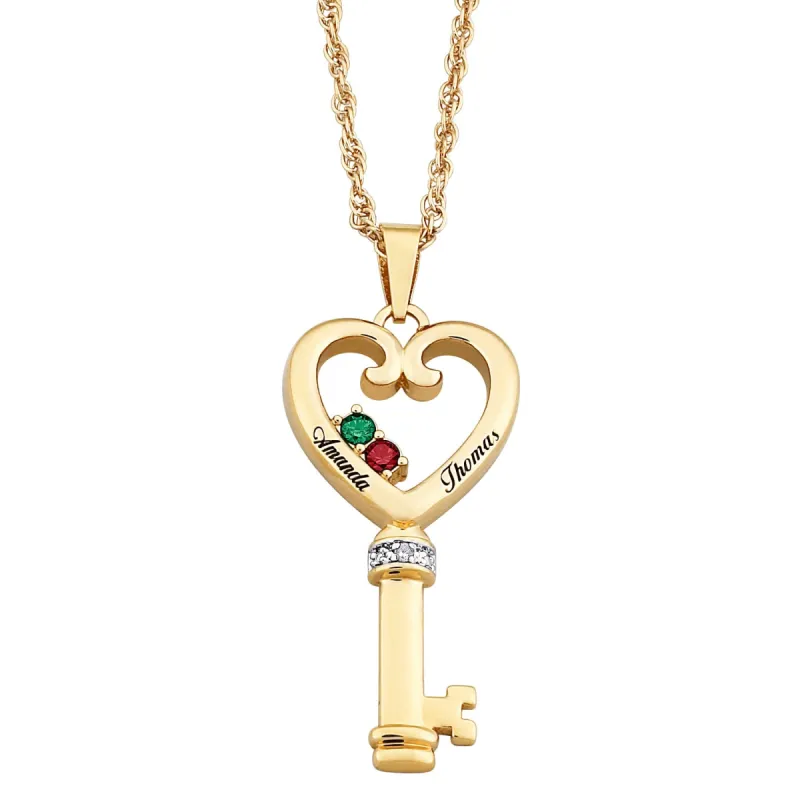 Couples Name & Birthstone Heart Key Necklace with Diamond Accent sold by Limoges Jewelry