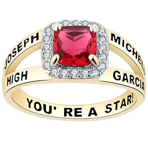 Women's 14K Gold Plated Split Band Square CZ Halo Birthstone Class Ring sold by Limoges Jewelry