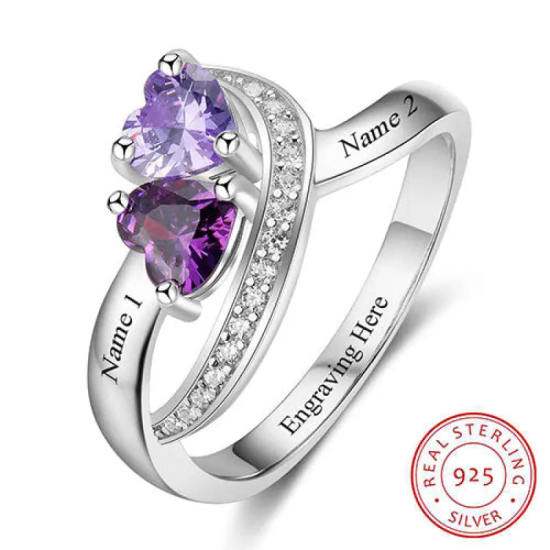 Sterling Silver Engraved Double Heart Birthstone and CZ Ring sold by Limoges Jewelry