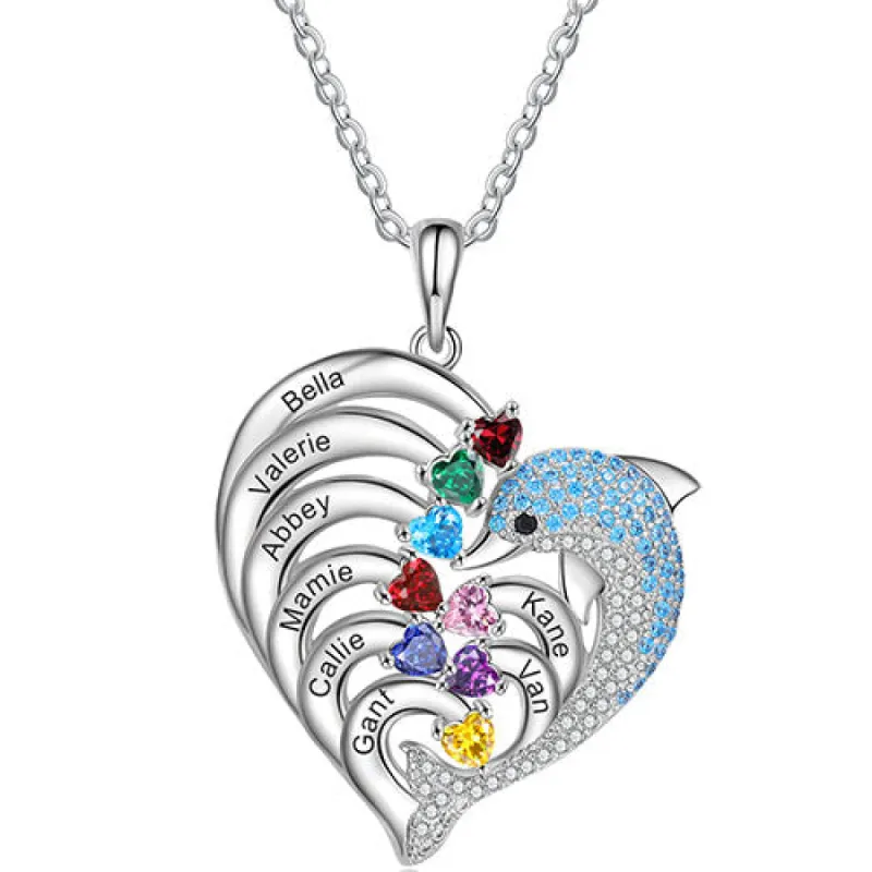Silver Plated Pave Dolphin Open Heart Engraved Birthstone Necklace sold by Limoges Jewelry