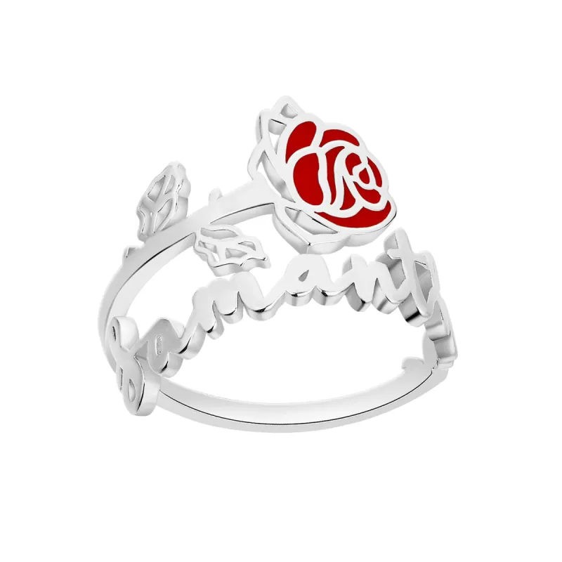 Silver Script Name and Birthmonth Enamel Flower Bypass Ring sold by Limoges Jewelry