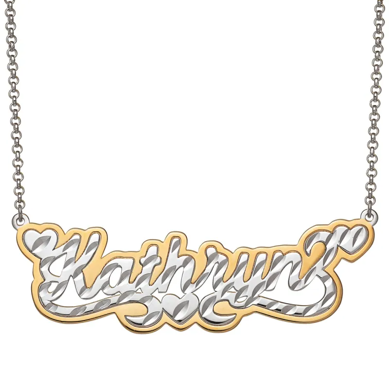 Two-tone Sterling Silver  Name with Diamond Cut and Heart Swirl Necklace sold by Limoges Jewelry
