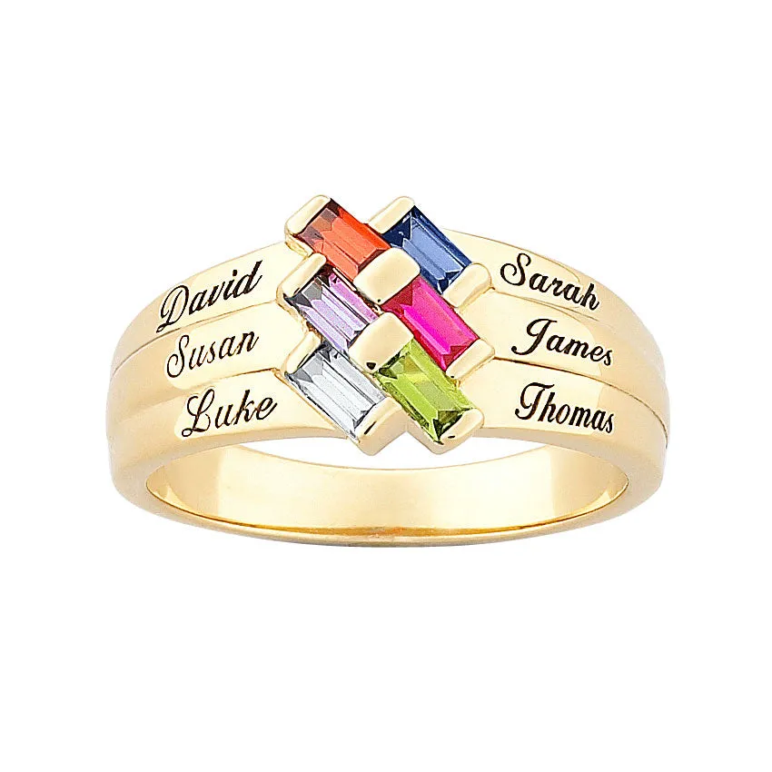 18K Gold over Sterling Baguette Birthstone & Name Family Ring sold by Limoges Jewelry