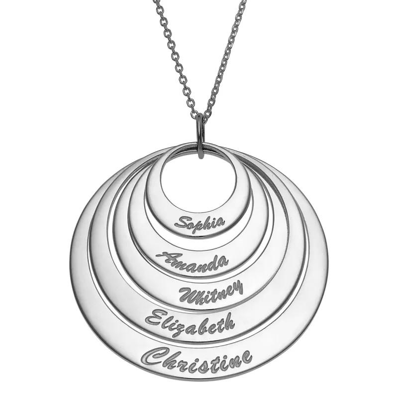 Sterling Silver Nesting Circles with Names Necklace - 5 Discs sold by Limoges Jewelry