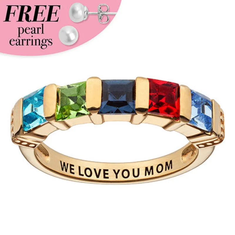 Personalized 14K Gold Plated Square Birthstone Ring - 5 Stones sold by Limoges Jewelry