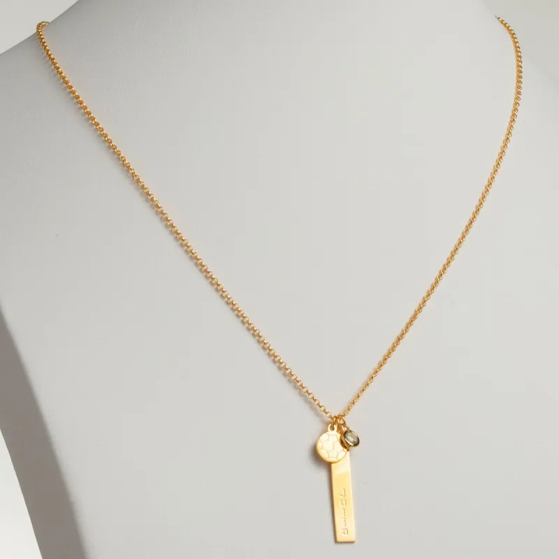 14K Gold Plated Name Necklace with Soccer Ball Charm and Birthstone Dangle sold by Limoges Jewelry