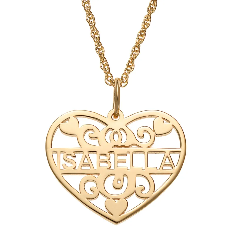 14K Gold over Sterling Filigree Heart with Name Necklace made by Limoges Jewelry