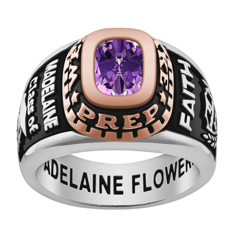 Ladies' Silver Celebrium and Rose Gold Traditional Birthstone Class Ring sold by Limoges Jewelry