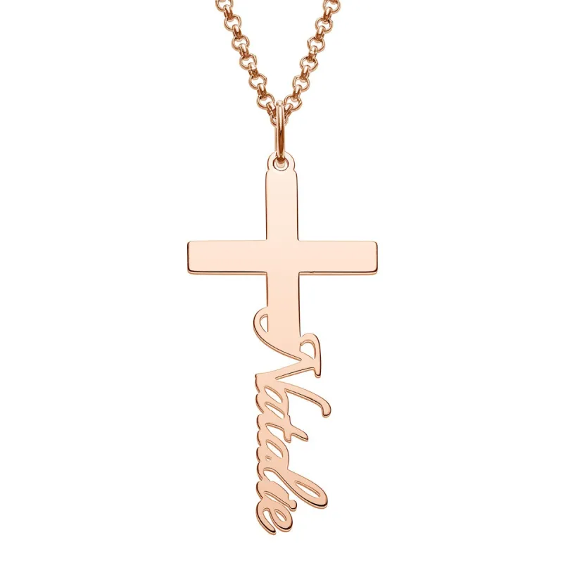 14K Rose Gold Plated Script Name Cross Necklace sold by Limoges Jewelry