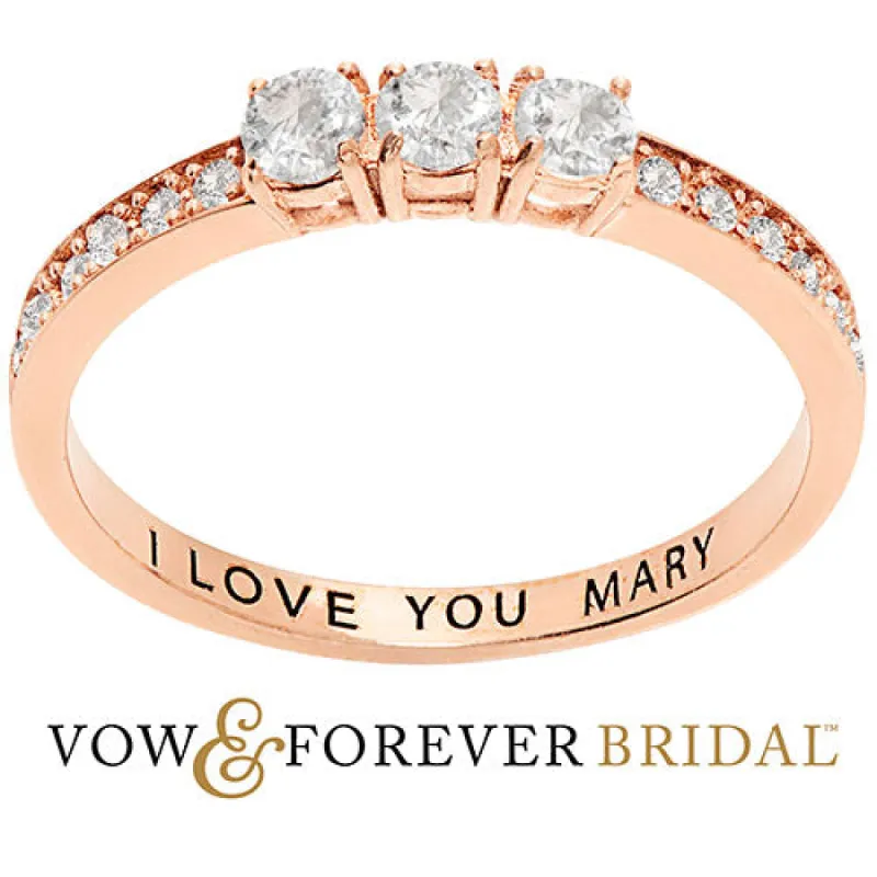 14K Rose Gold over Sterling Brilliant White Topaz Three Stone Engraved Wedding Ring sold by Limoges Jewelry