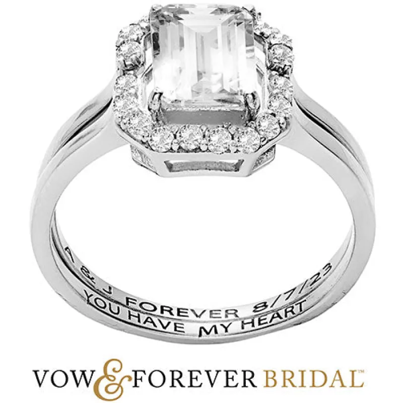 Platinum over Sterling Emerald Cut White Topaz 2 Piece Engraved Wedding Set sold by Limoges Jewelry