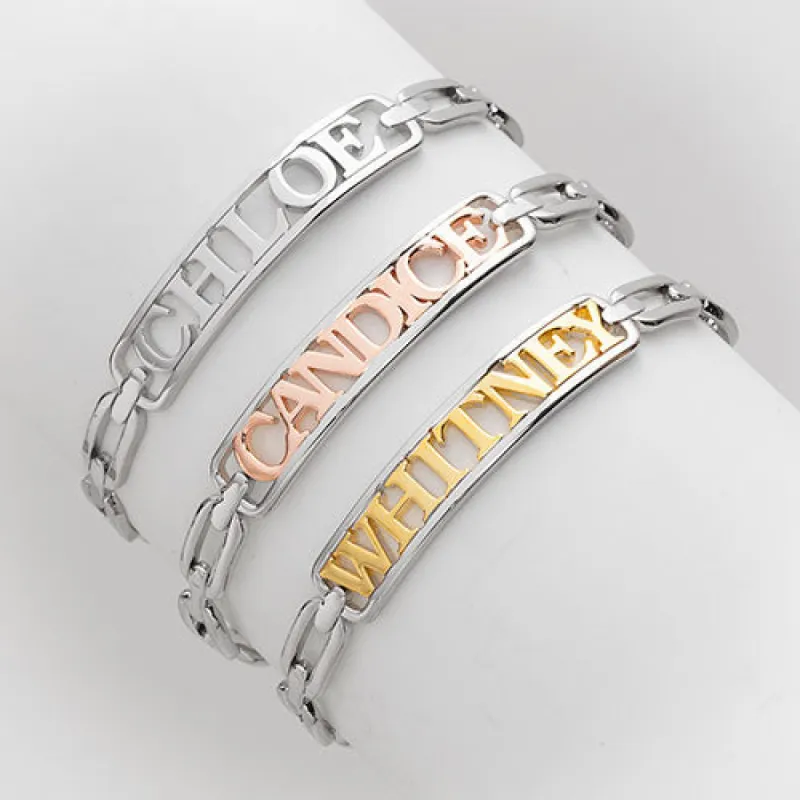 Personalized Plaque Name Frozen Oval Link Chain Cuff Bracelet sold by Limoges Jewelry