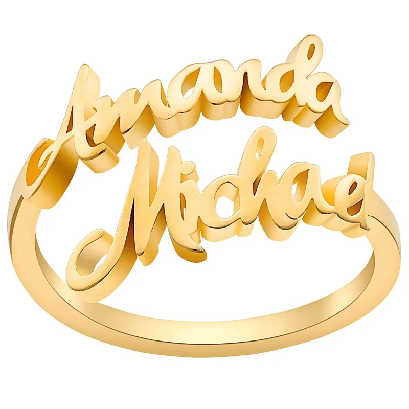 14K Gold Plated Double Script Name Bypass Ring sold by Limoges Jewelry